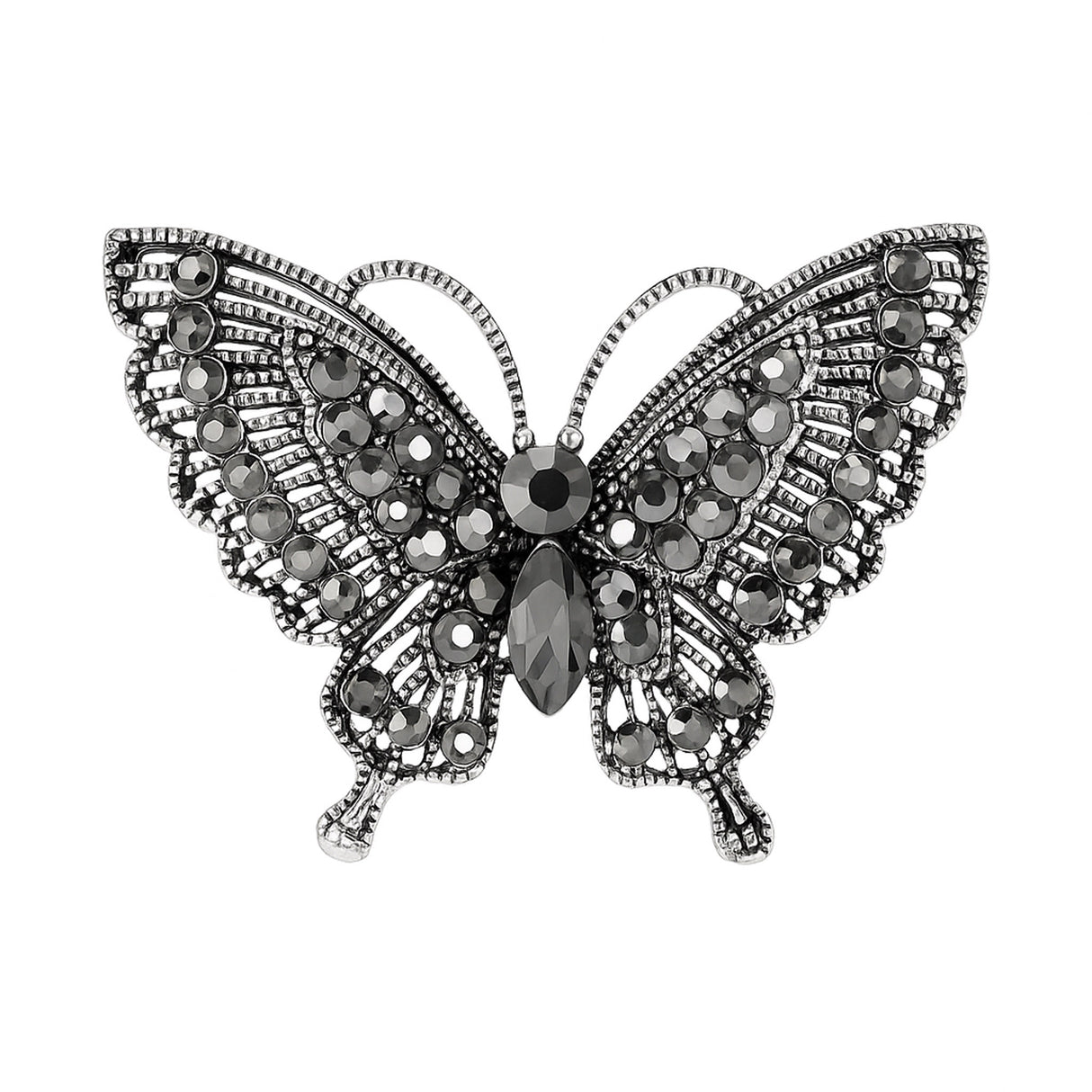 Butterfly brooch with dark gunmetal-tone base and clustered black faceted stones, cutout on white background.