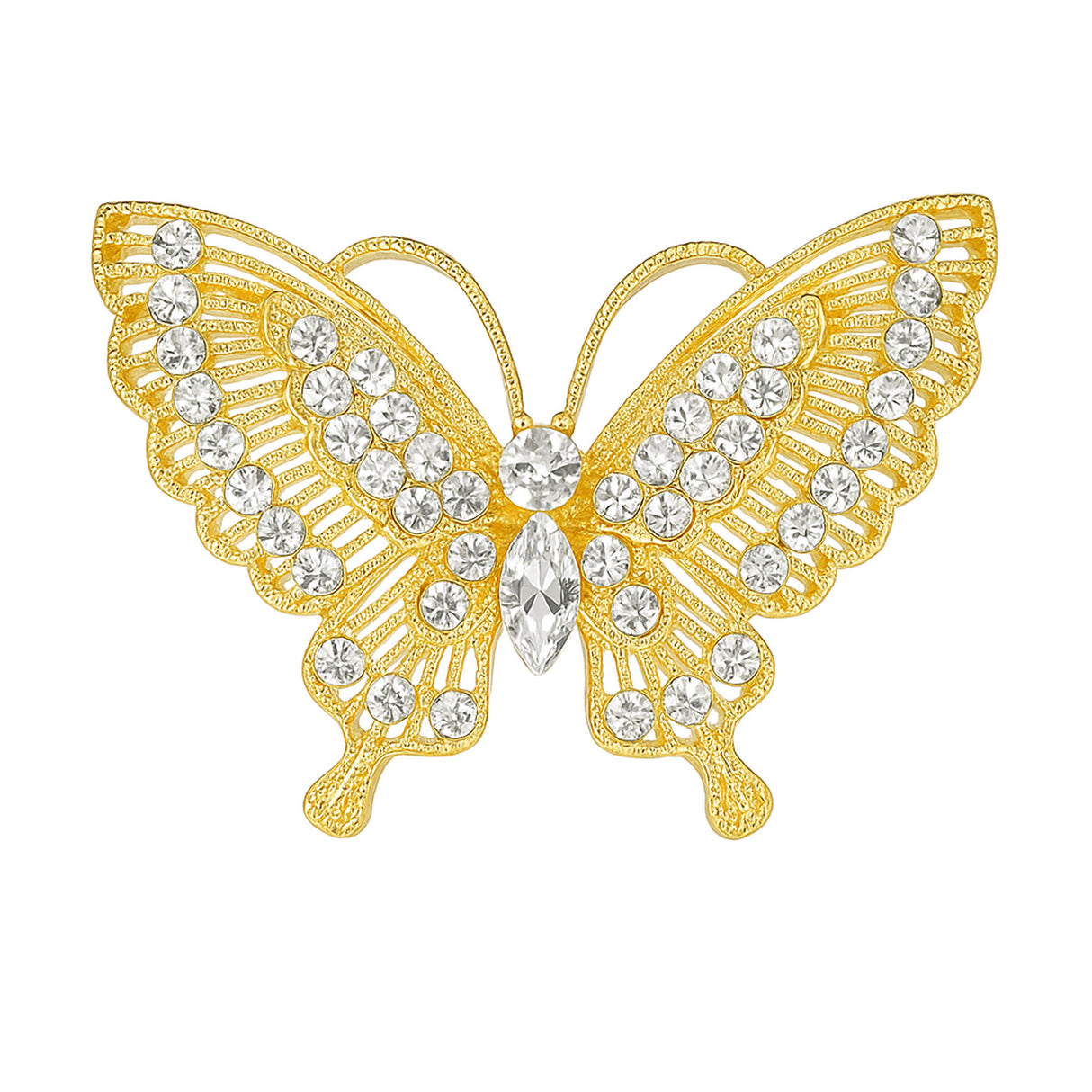 Butterfly brooch with gold-tone metal finish and clear faceted stones in varying sizes, cutout on white background.