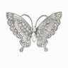 Butterfly brooch with silver-tone base and clear faceted stones arranged in layered pattern, cutout on white background.