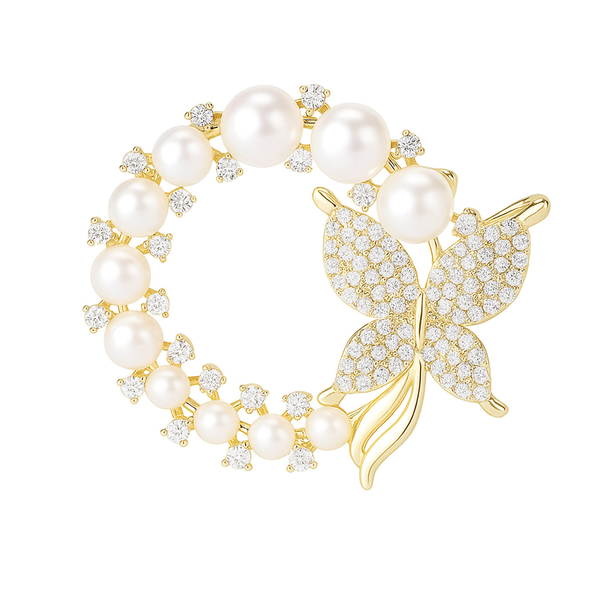 Butterfly brooch with gold-tone metal, round white faux pearls, and clear faceted stones in circular design, cutout on white.