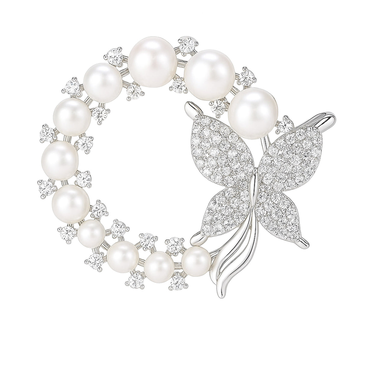 Butterfly brooch with silver-tone metal, white round imitation pearls, and clustered clear stones in a circle shape, cutout on white.