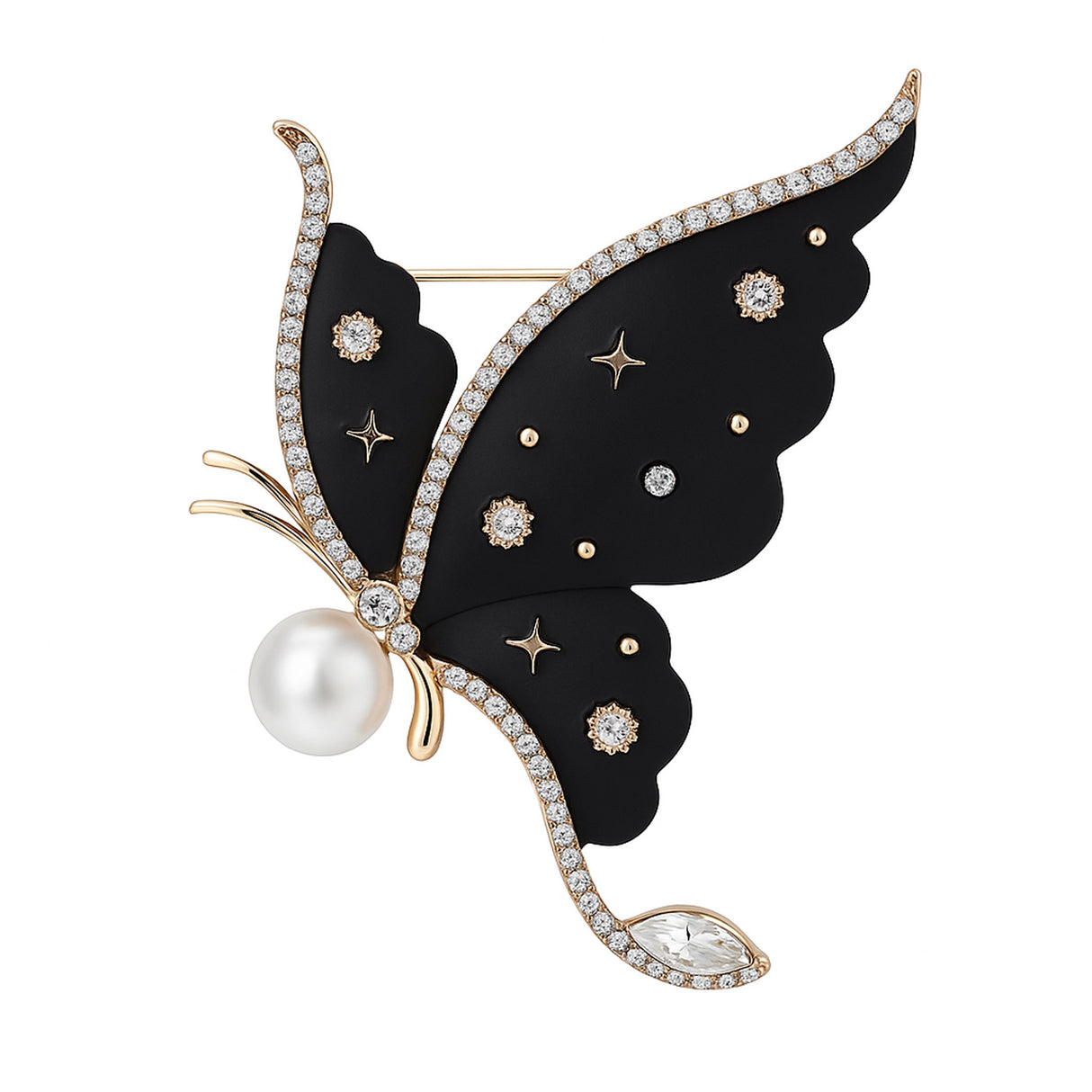 Butterfly brooch with black wings, clear faceted stones, star accents, and pearl detail, cutout on white background.