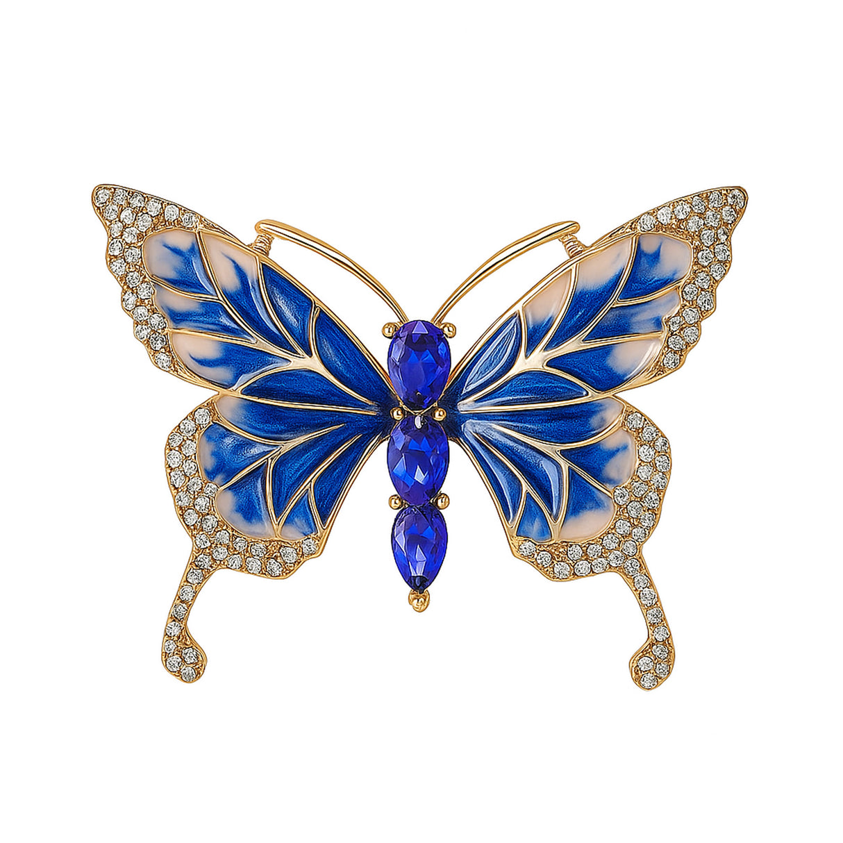 Butterfly brooch with blue and white enamel wings, gold-tone outline, clear faceted wing stones, and three oval blue faceted stones forming the body, cutout on white.