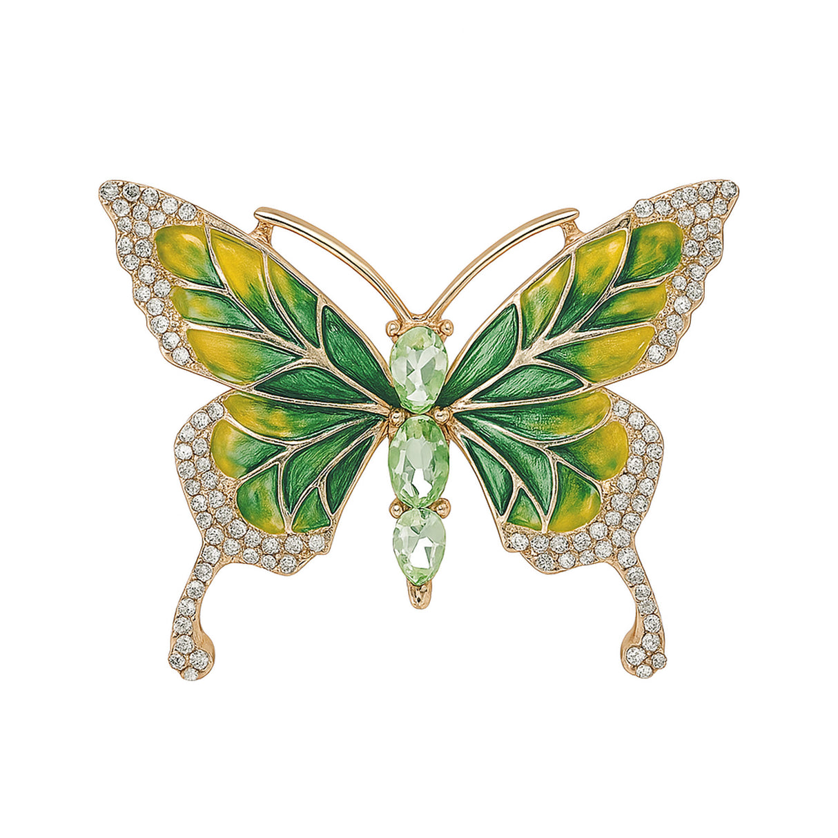 Butterfly brooch with green and yellow enamel wings, gold-tone edging, clear decorative wing stones, and three green oval faceted stones forming the body, cutout on white.