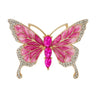 Butterfly brooch with pink enamel wings, gold-tone metal frame, small clear round stones along edges, and three large pink oval faceted stones as the body, cutout on white.