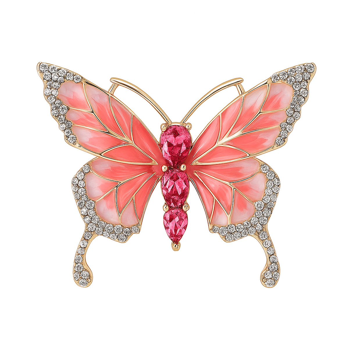 Butterfly brooch with coral-pink enamel wings, gold-tone metal base, small clear round stones along edges, and three large pink faceted stones forming the body. Cutout on white.
