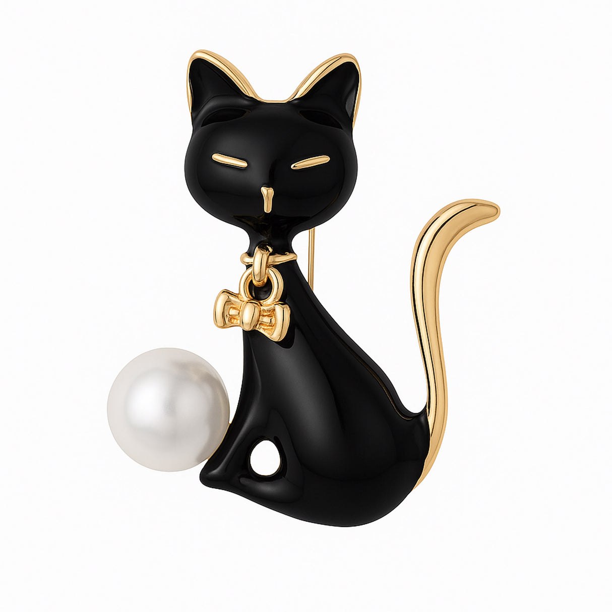 Cat brooch with black enamel body, gold-tone accents, white round faux pearl, and bow detail, cutout on white background.