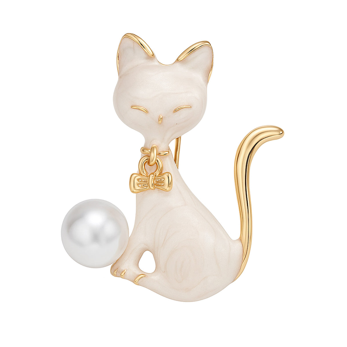 Cat brooch with white enamel body, gold-tone edges, white round imitation pearl, and bow charm, cutout on white background.