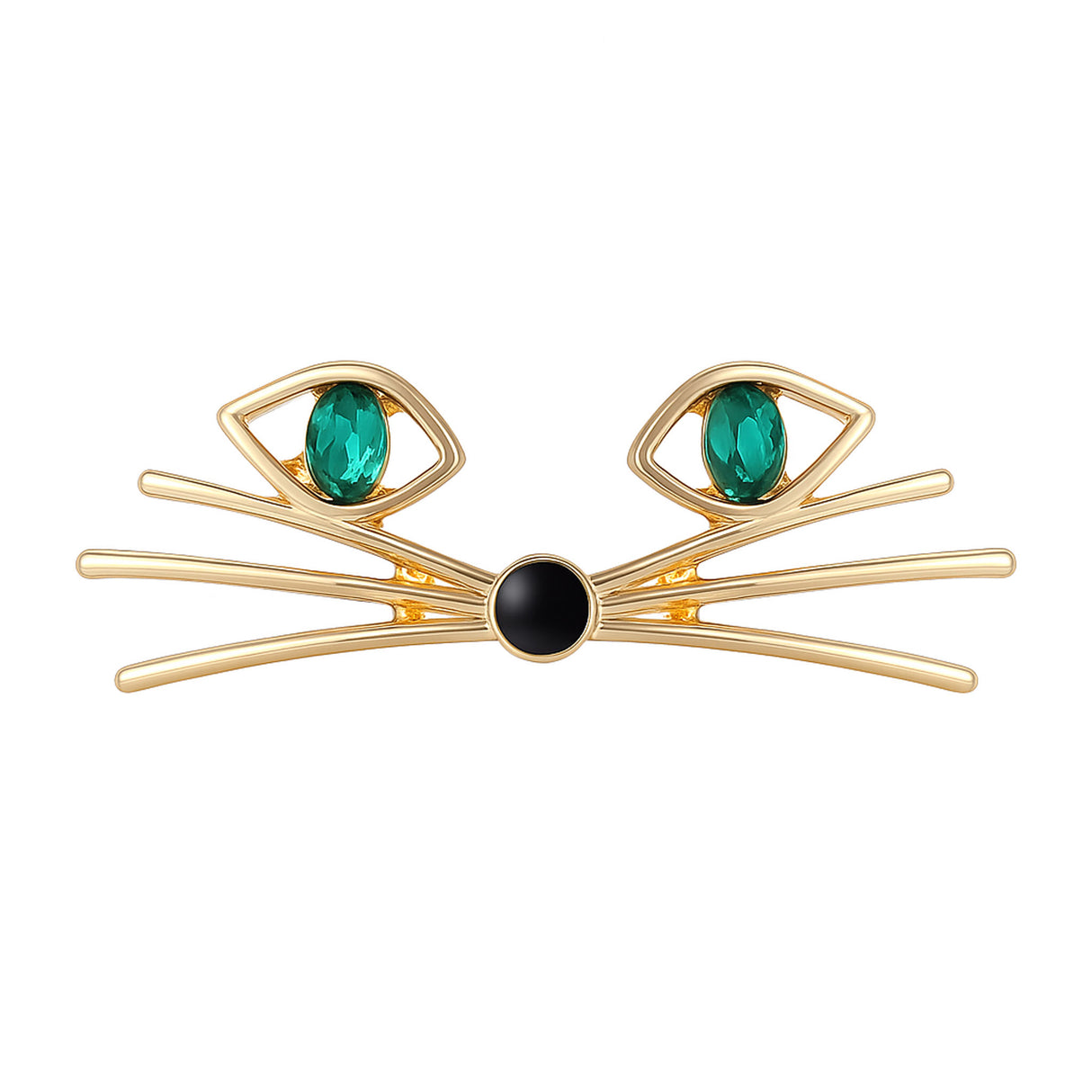 Cat face brooch with gold-tone metal, green oval stones for eyes, and black round nose, cutout on white.