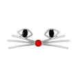 Cat face brooch with silver-tone metal, black oval stones for eyes, and red round enamel nose, cutout on white.