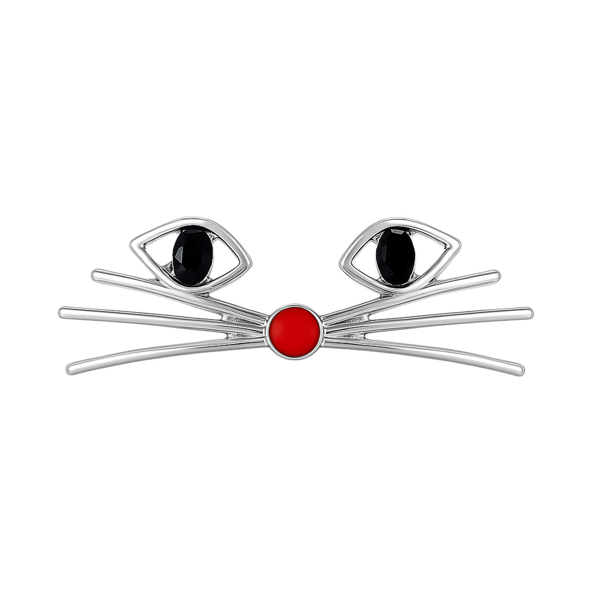 Cat face brooch with silver-tone metal, black oval stones for eyes, and red round enamel nose, cutout on white.