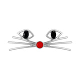 Cat face brooch with silver-tone metal, black oval stones for eyes, and red round enamel nose, cutout on white.