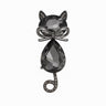 Cat brooch with black faceted stones, gunmetal-tone bow detail, and curled tail with clear stones, cutout on white.