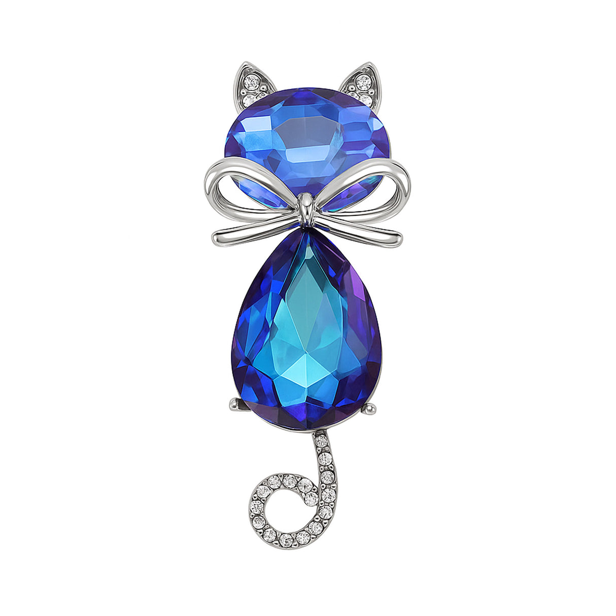 Cat brooch featuring iridescent blue-purple faceted stones, silver-tone bow accent, and curled tail with clear stones, cutout on white.