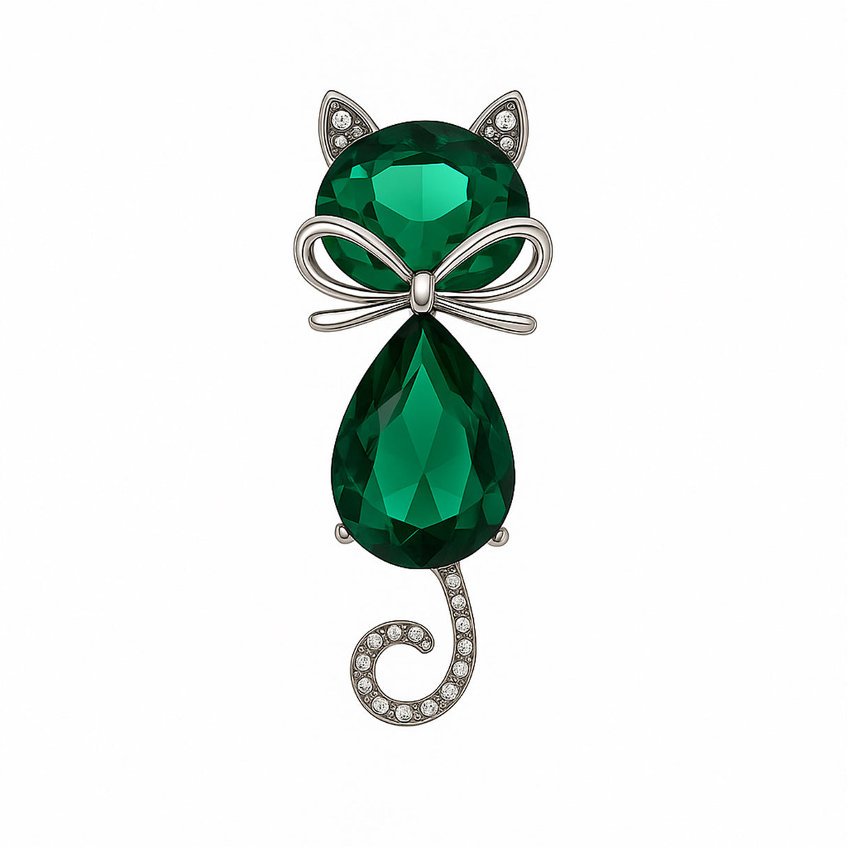 Cat brooch with green faceted stones, silver-tone bow detail, and spiral tail adorned with clear stones, cutout on white.
