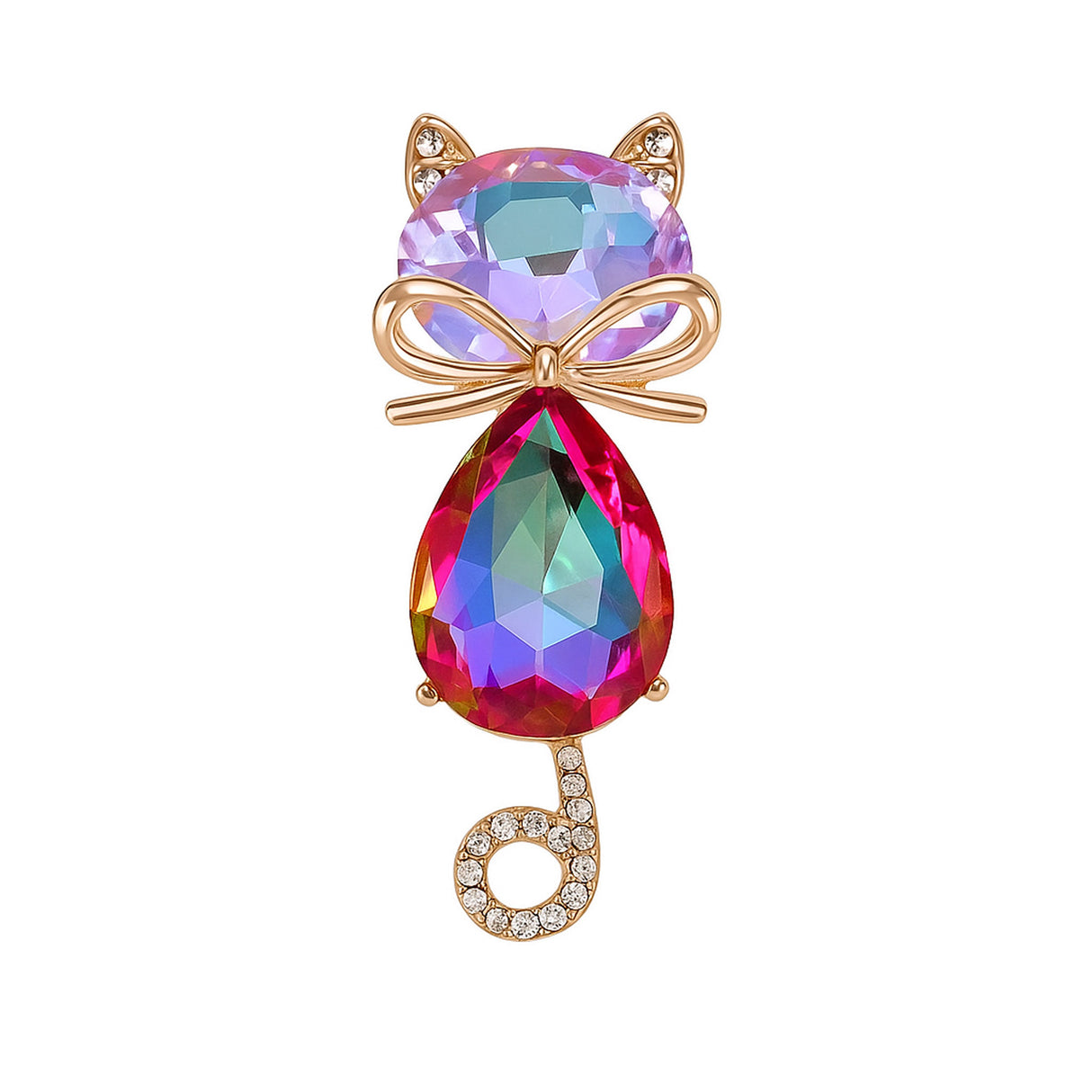 Cat brooch with iridescent pink-purple faceted stones, gold-tone bow accent, and curled tail with clear stones, cutout on white.
