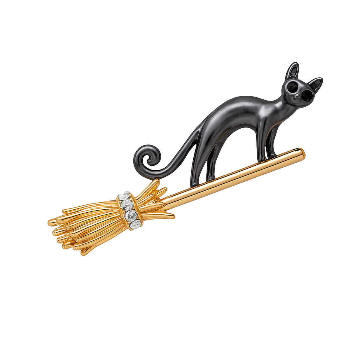 Cat brooch with smooth black enamel finish on gold-tone broomstick accented with clear round stones, cutout on white background.