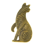 Cat brooch with gold-tone metal finish and intricate geometric textured pattern, cutout on white background.