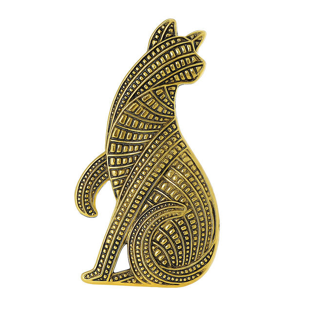 Cat brooch with gold-tone metal finish and intricate geometric textured pattern, cutout on white background.
