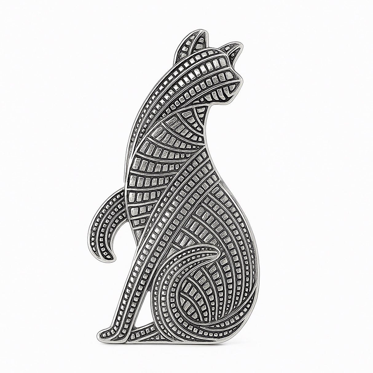Cat brooch with silver-tone metal finish and detailed geometric grid texture, cutout on white background.