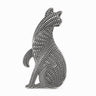 Cat brooch with silver-tone metal finish and detailed geometric grid texture, cutout on white background.