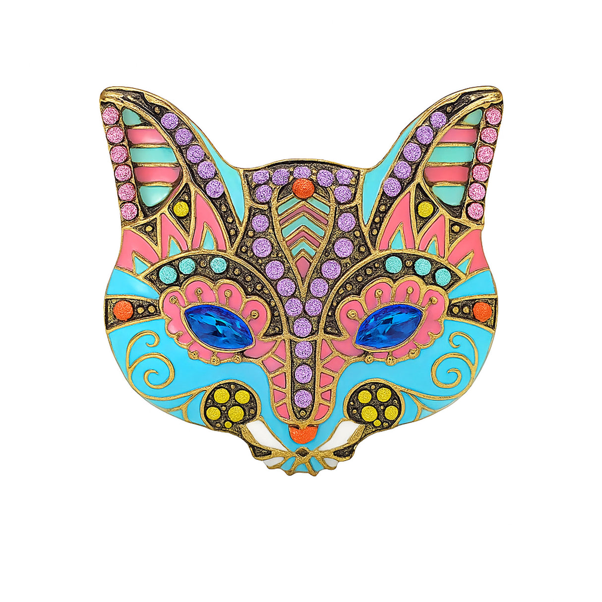 Cat mask brooch with pastel blue-pink enamel, blue faceted eyes, and multicolor accent stones, including purple and yellow. Cutout on white background.