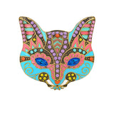 Cat mask brooch with pastel blue-pink enamel, blue faceted eyes, and multicolor accent stones, including purple and yellow. Cutout on white background.