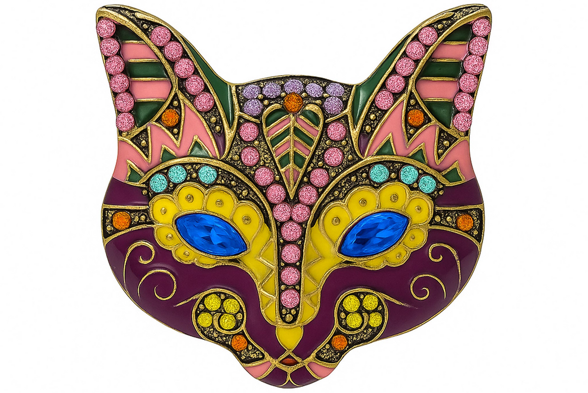 Cat mask brooch with blue faceted eyes and multicolor enamel and stones. Main enamel colors include yellow and purple, stones include pink and blue. Cutout on white background. Landscape crop for secondary use.