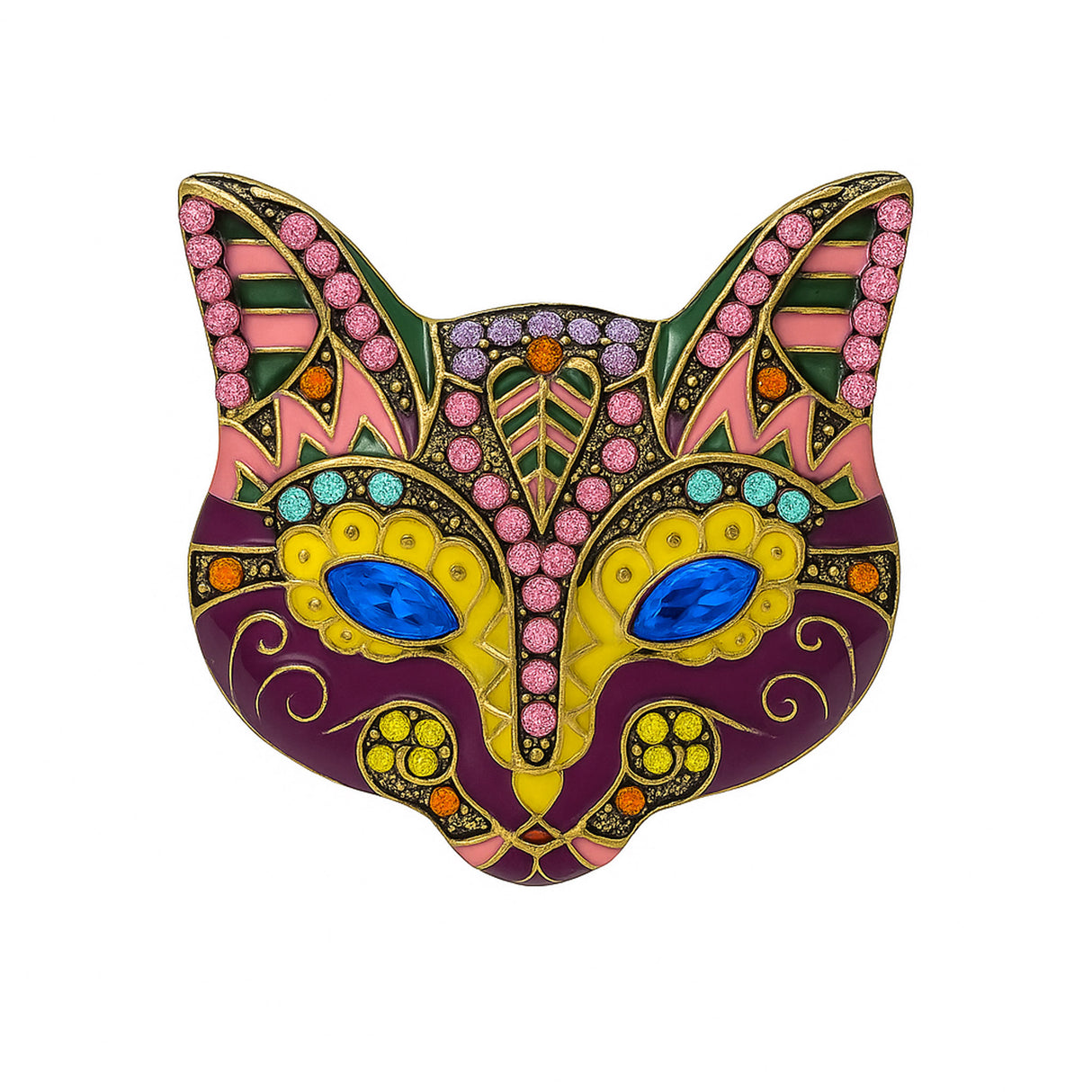 Cat mask brooch with blue faceted eyes and multicolor enamel and stones. Main enamel colors include yellow and purple, stones include pink and blue. Cutout on white background.
