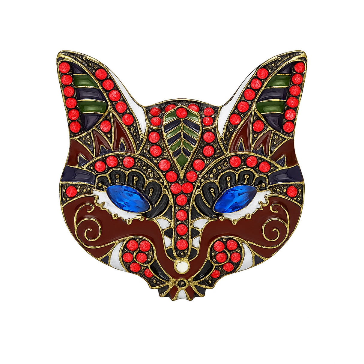 Cat brooch with red-brown enamel, blue faceted eyes, green and white accents, cutout on white background.