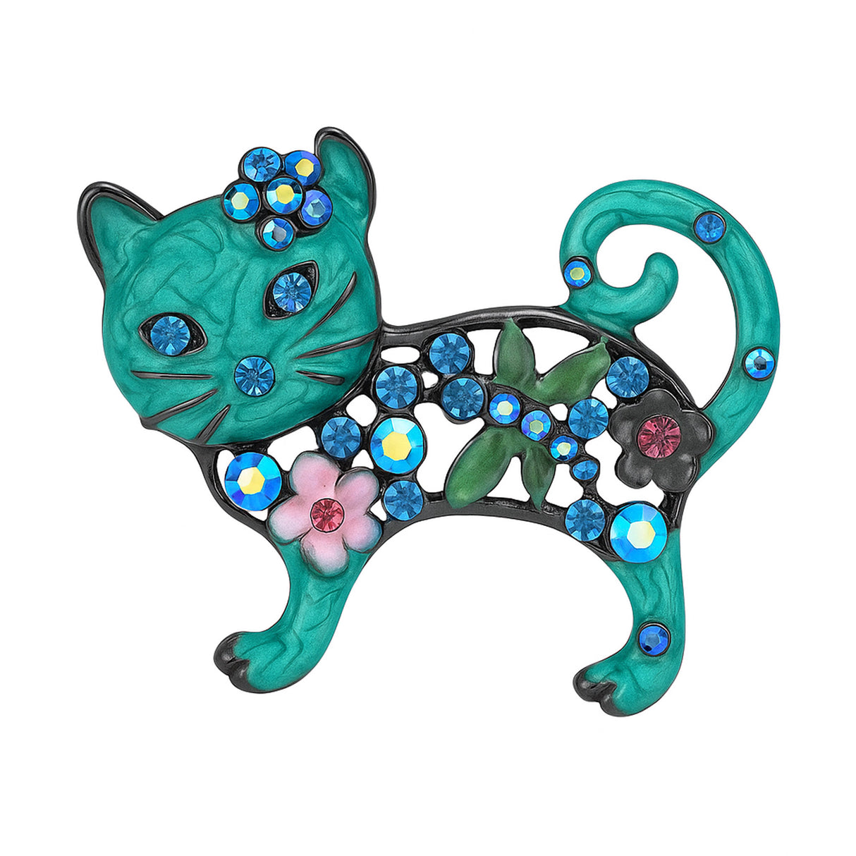 Cat brooch with teal-green enamel, blue faceted stones, pink flower details, and green leaf motif, cutout on white.