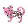 Cat brooch with pink enamel and round stones, multicolor floral accents, and green leaf motif, cutout on white.