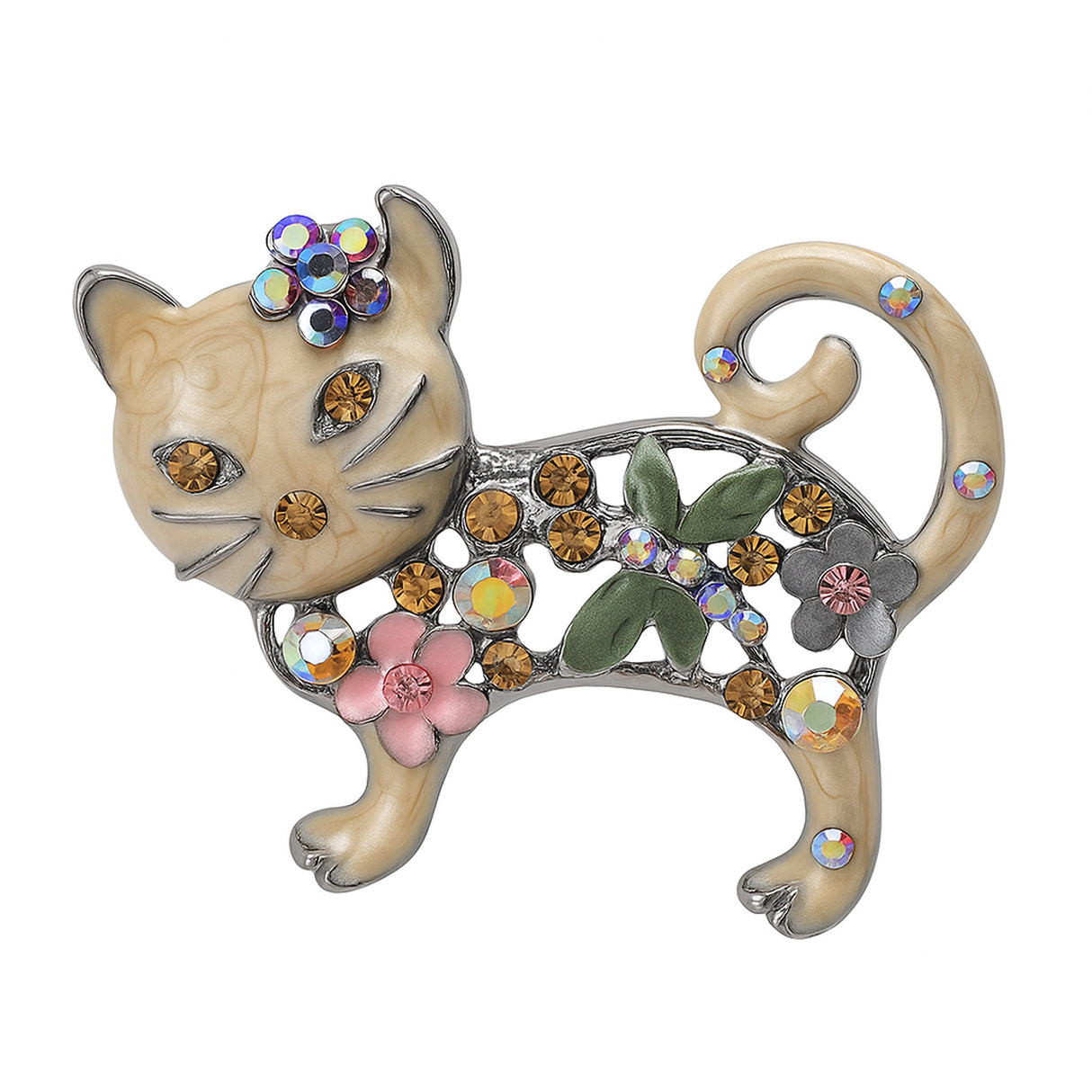 Cat brooch with beige enamel, amber and multicolor stones, pink flower detail, and green leaf motif, cutout on white.