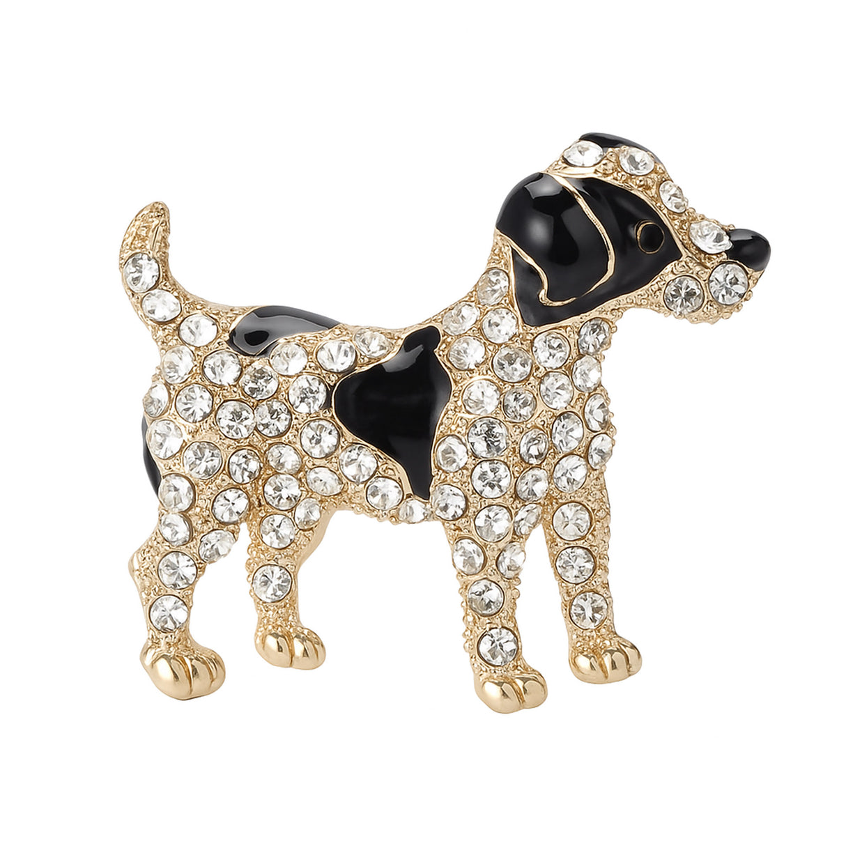 Dog brooch with black enamel patches, clear faceted stones, and gold-tone metal finish, cutout on white background.