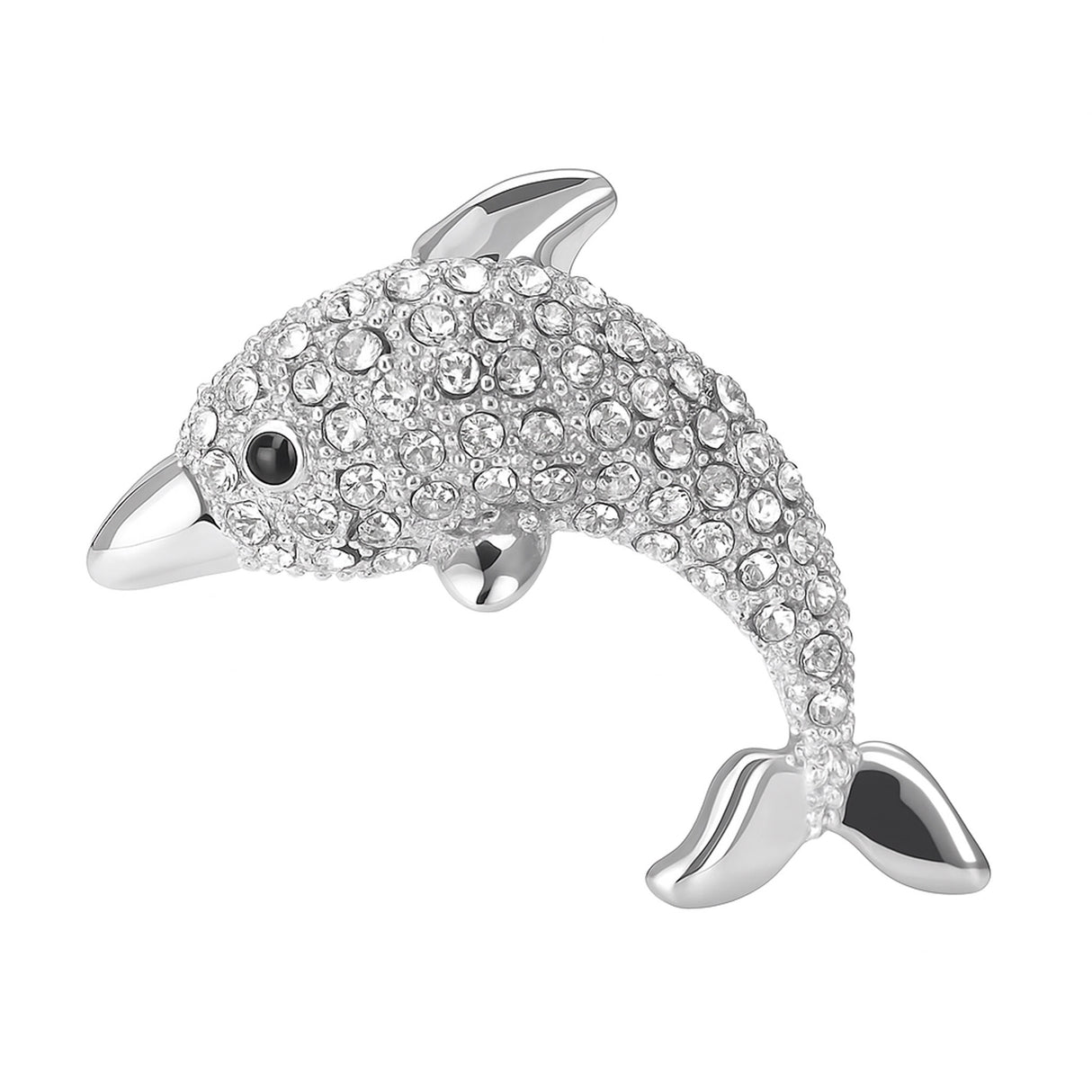 Dolphin brooch in polished silver-tone with clear faceted stones and black eye detail, cutout on white.