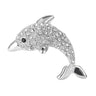 Dolphin brooch in polished silver-tone with clear faceted stones and black eye detail, cutout on white.