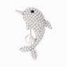 Dolphin brooch with silver-tone metal finish, covered in small white round beads, black eye detail, and suspended imitation pearl, cutout on white background.