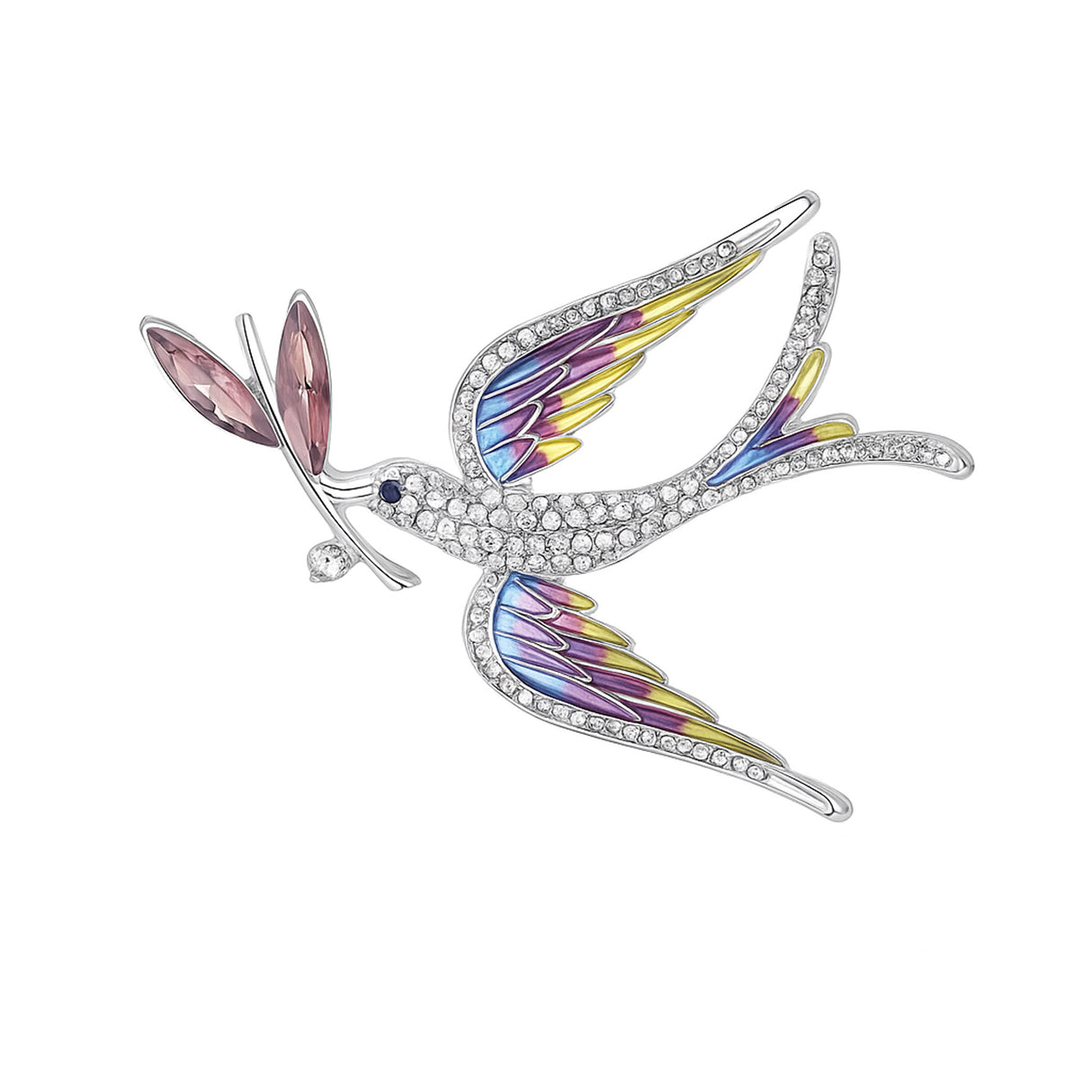 Dove brooch with multicolor wings in yellow, pink, and blue tones, clear faceted stones on body, and pink leaf detail, cutout on white background.