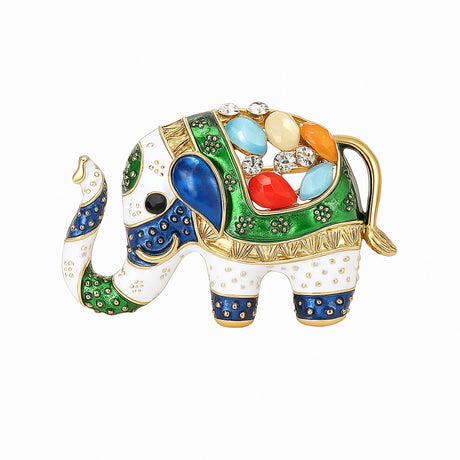 Elephant brooch with green, blue, and white enamel detailing, multicolor faceted stones, and gold-tone trim, cutout on white background.