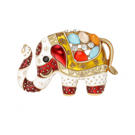 Elephant brooch with red, gold-tone, and white enamel accents, multicolor decorative stones, and textured dot detailing, cutout on white background.