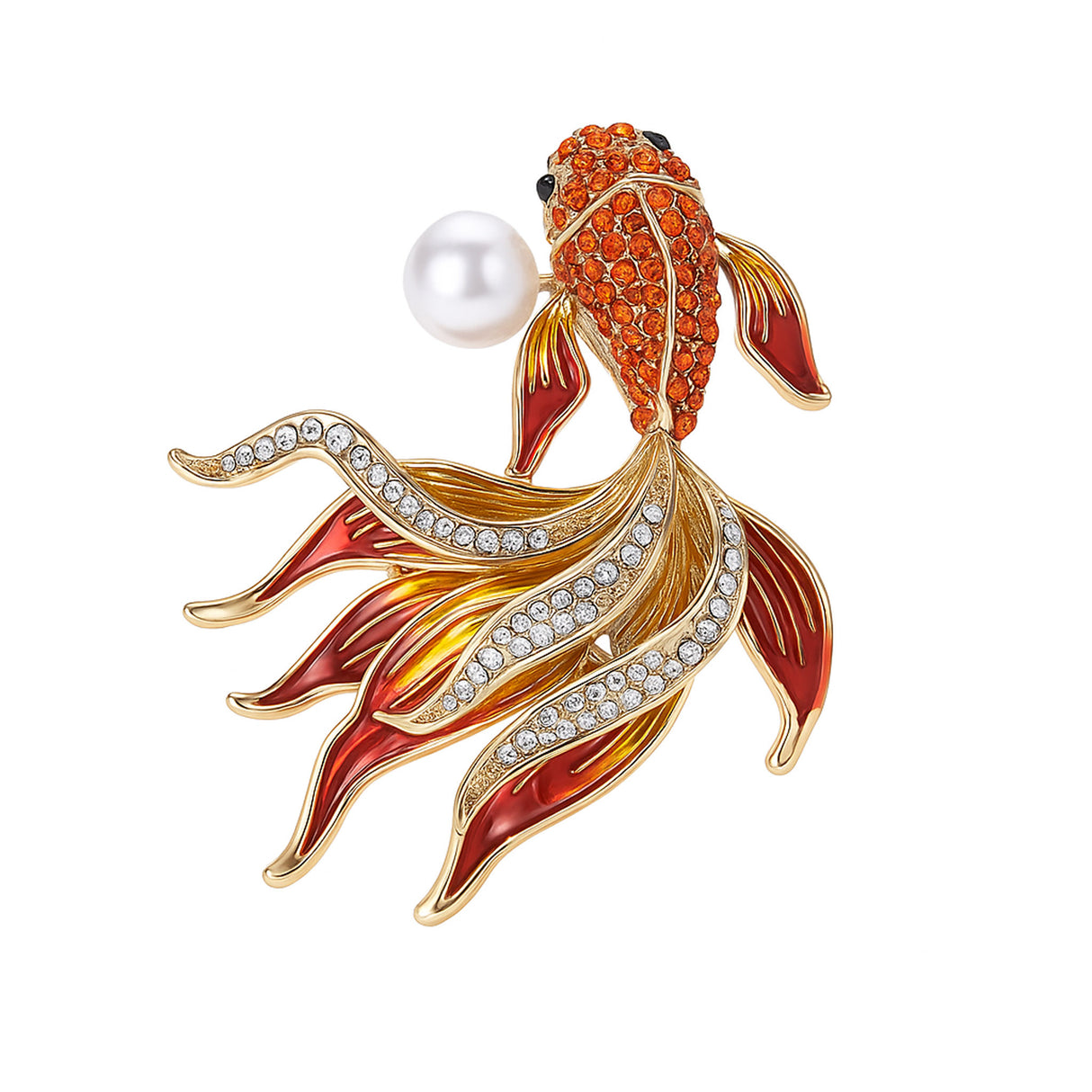 Fish brooch with gold-tone detailing, orange and clear faceted stones, red and yellow enamel fins, and white round bead, cutout on white.