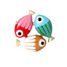 Fish brooch featuring pink-red, blue-green, and white-orange enamel bodies with gold-tone fins, cutout on white background.