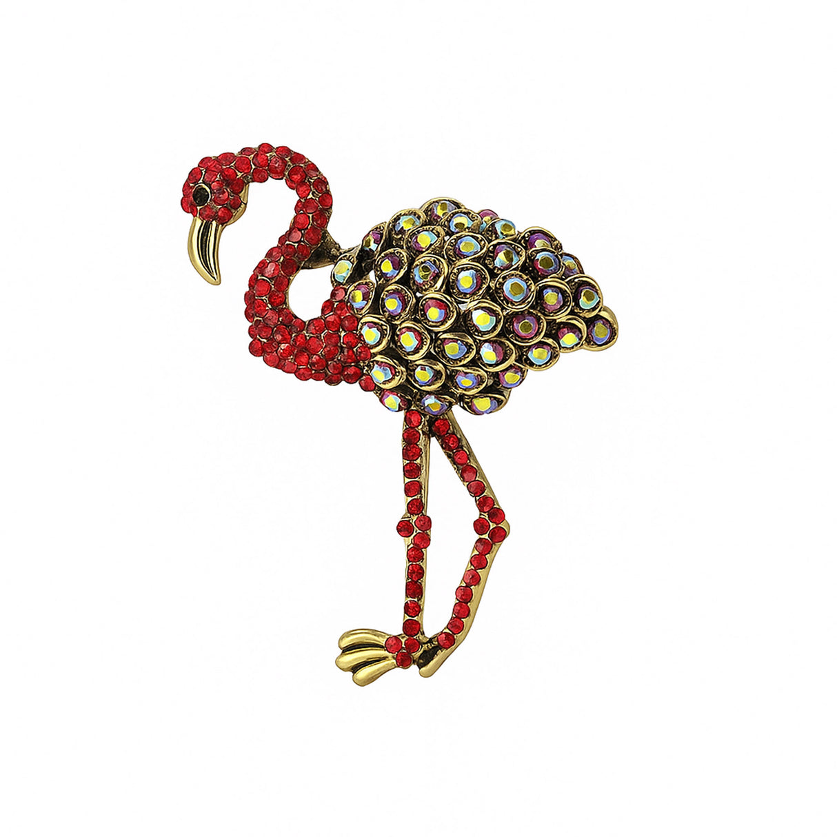Flamingo brooch with red-tone stones and multicolor reflective round accents on wings, cutout on white background.