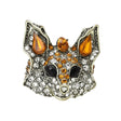 Fox brooch with orange faceted stones, clear round accents, and black eye details, cutout on white.