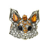 Fox brooch with orange faceted stones, clear round accents, and black eye details, cutout on white.