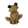 Frog brooch in gold-tone metal with clustered beige faceted stones and black round eyes, cutout on white background.