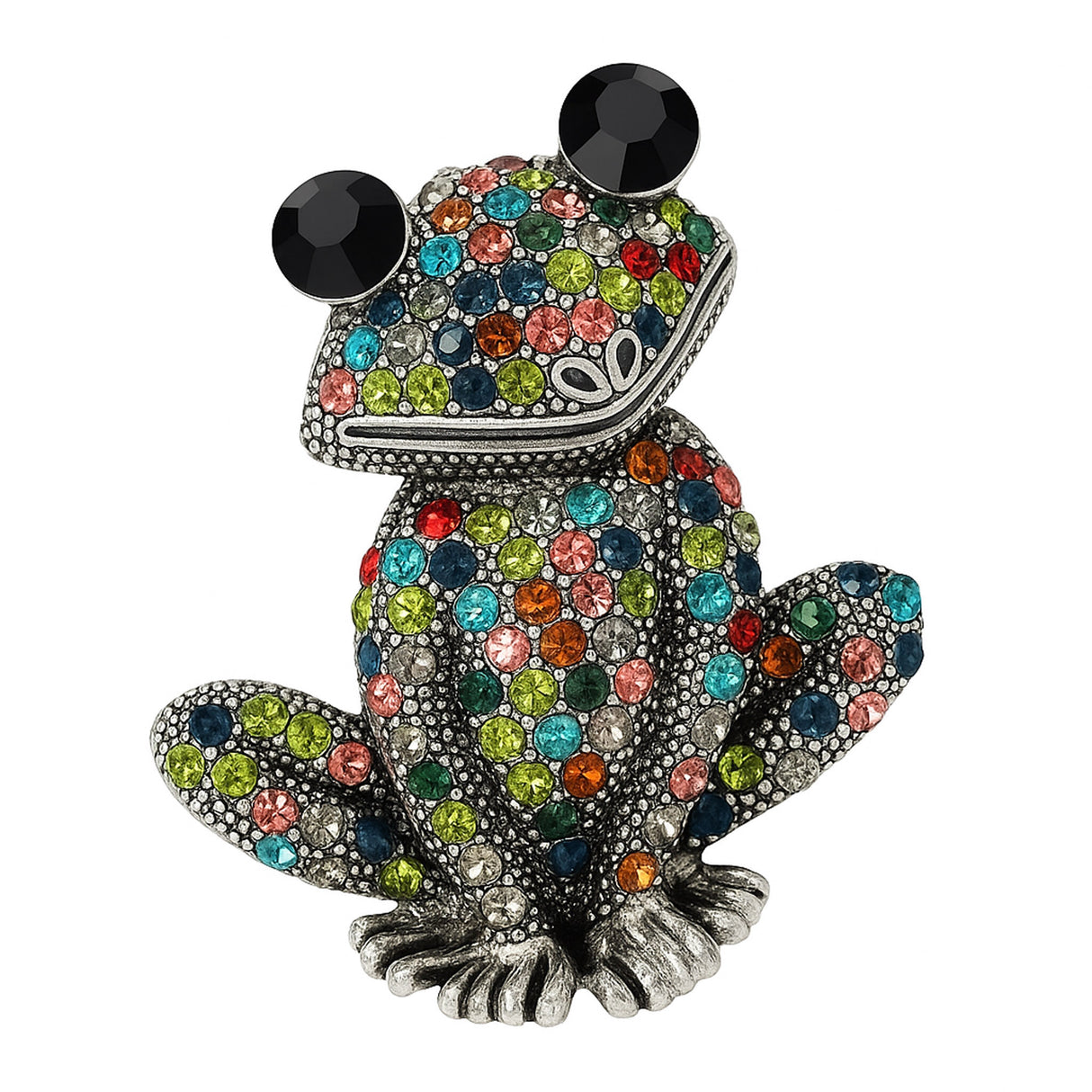 Frog brooch with silver-tone base, multicolor faceted stones, and black round eyes, cutout on white background.