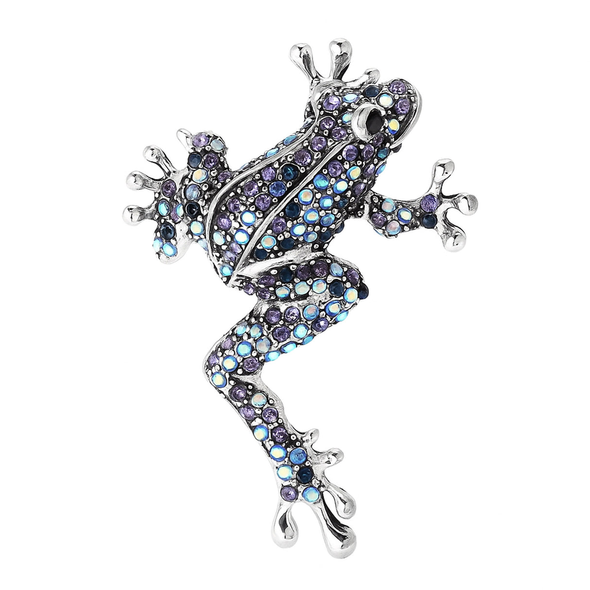 Frog brooch with silver-tone base, covered in blue and purple faceted stones, cutout on white background.
