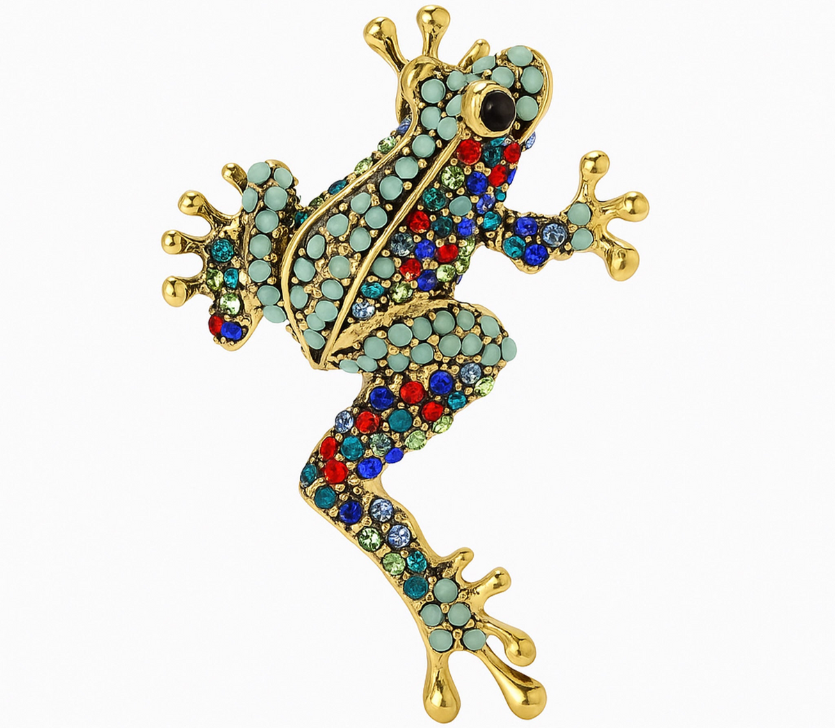 Frog brooch with gold-tone metal base, covered in green and multicolor round stones, cutout on white. Landscape crop for secondary use.