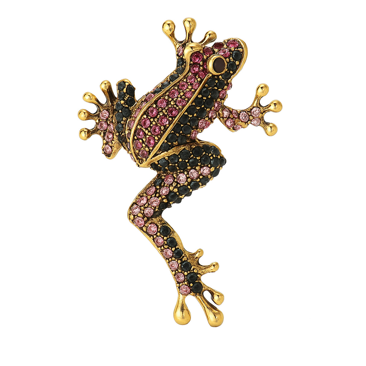 Frog brooch with gold-tone metal base, pink and black faceted stones in a climbing pose, cutout on white background.
